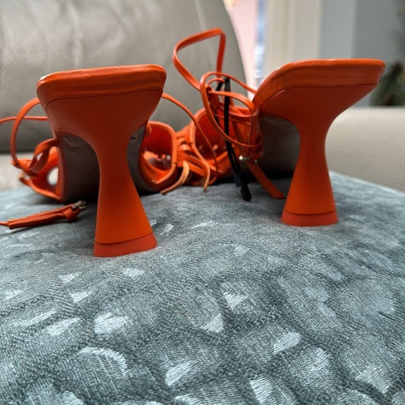 New Zara Fringed Orange High Heel Leather Sandals - Picture 4 of 8